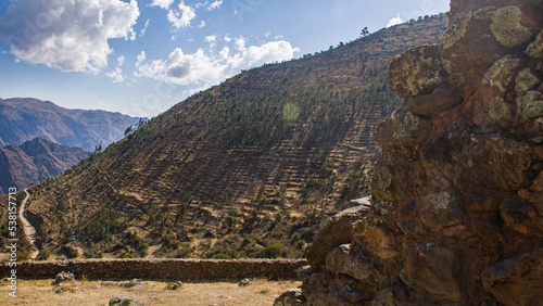 Stone wall and andean landscape pumamarka Cusco Peru photo