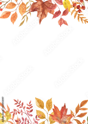 Portrait fall frame made of colorful seasonal foliage. Watercolor botanical border with white background.