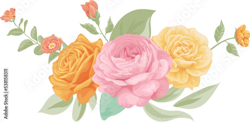 Beautiful Rose Flower and botanical leaf digital painted illustration for love wedding valentines day or arrangement invitation design greeting card