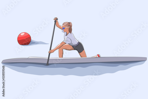 A young girl rower in a canoe on a background of water.