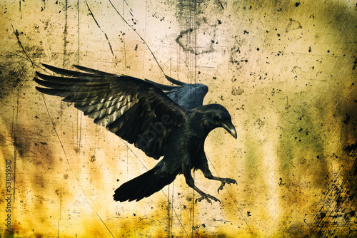 beautiful raven Corvus corax sflying North Poland Europe, vintage, old filters © Marcin Perkowski