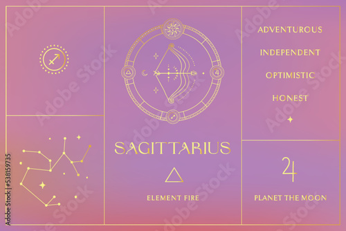 Sagittarius Zodiac Gold Sign Design Illustrations. Esoteric Vector Element, Icon