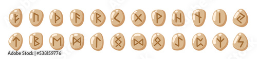 Runes collection. Runic nordic alphabet. Viking celtic futhark symbols on grey stones. Mystical, esoteric, magic symbols predicting future. Set of scandinavian or german letters. Vector illustration.