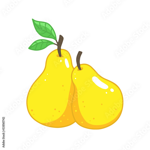 Two pears with a cartoon-style leaf. fruit food illustration.