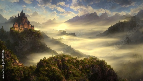 misty morning in the mountains castle