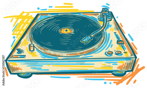 Drawn colorful retro music turntable