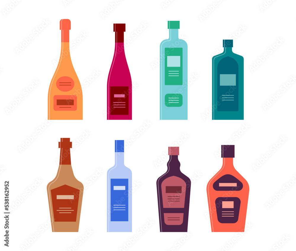 Set bottles of champagne wine schnapps gin whiskey vodka liquor cream. Icon bottle with cap and label. Graphic design for any purposes. Flat style. Color form. Party drink concept. Simple image shape Set bottles of champagne wine schnapps gin whiskey vodka liquor cream. Icon bottle with cap and label. Graphic design for any purposes. Flat style. Color form. Party drink concept. Simple image shape