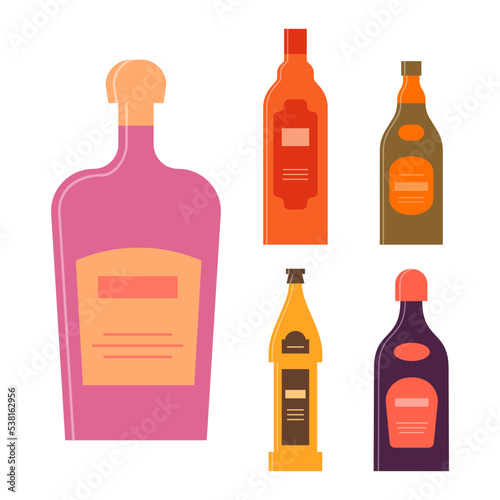 Set bottles of cream balsam brandy beer liquor. Icon bottle with cap and label. Graphic design for any purposes. Flat style. Color form. Party drink concept. Simple image shape