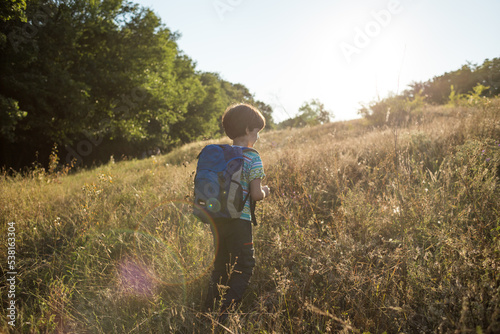A boy with a backpack walks in the meadow © zhukovvvlad