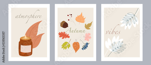 Vector illustration. Set of autumn postcard or poster. Autumn atmosphere concept. The illustration shows a candle and autumn leaves.