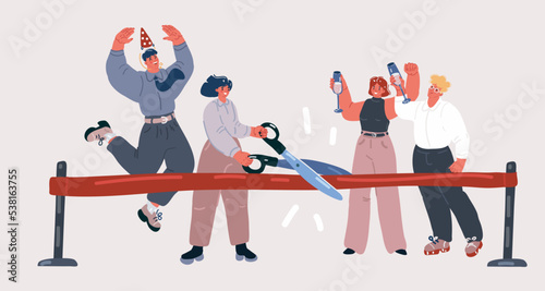 Vector illustration of inauguration of the building with ribbon cutting, people celebrating around. Open business. Woman with scissors photo