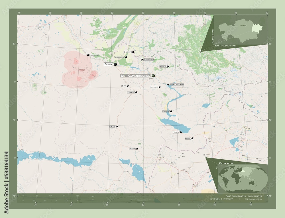 Fototapeta premium East Kazakhstan, Kazakhstan. OSM. Labelled points of cities