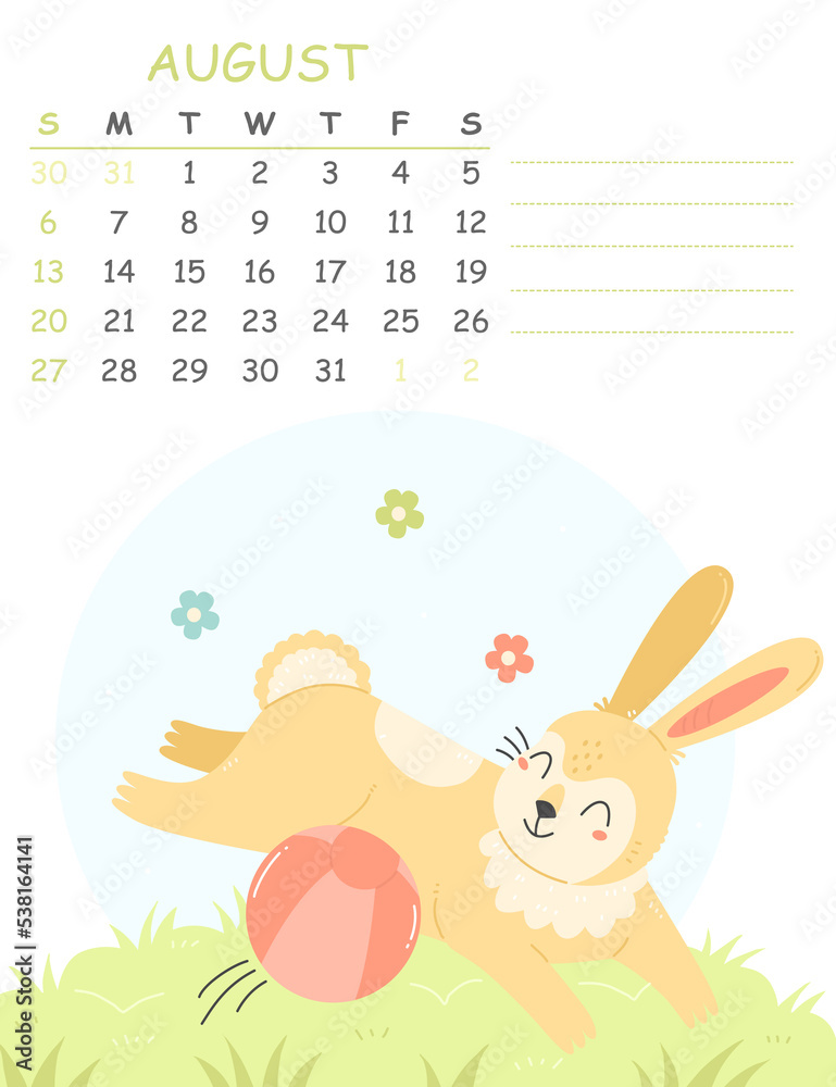Obraz premium August children's vertical calendar for 2023 with an illustration of a cute rabbit playing with a ball. 2023 is the year of the rabbit. summer illustration calendar page.