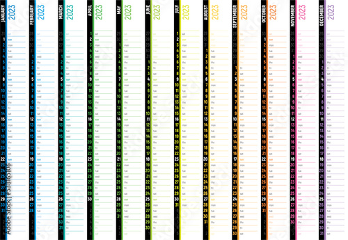 Creative rainbow wall calendar 2023. Vertical design stripes. Week starts mondays, sundays holidays. Editable vector template. (ID: 538165106)