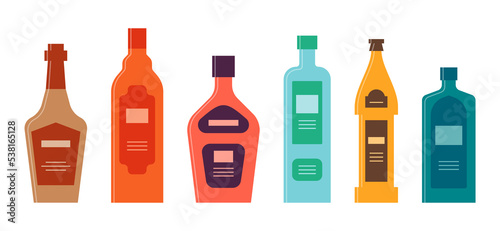 Set bottle of whiskey balsam liquor vodka beer gin in row. Icon bottle with cap and label. Graphic design for any purposes. Flat style. Color form. Party drink concept. Simple image shape