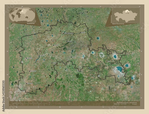 North Kazakhstan, Kazakhstan. High-res satellite. Labelled points of cities photo