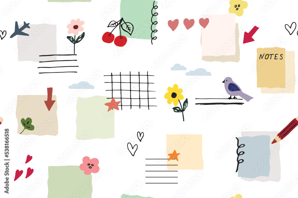 Obraz premium Seamless pattern of note paper pieces with cartoon cute stickers. Planner background, home information board. backgrounds with place for text, schedule, reminders, to-do list.