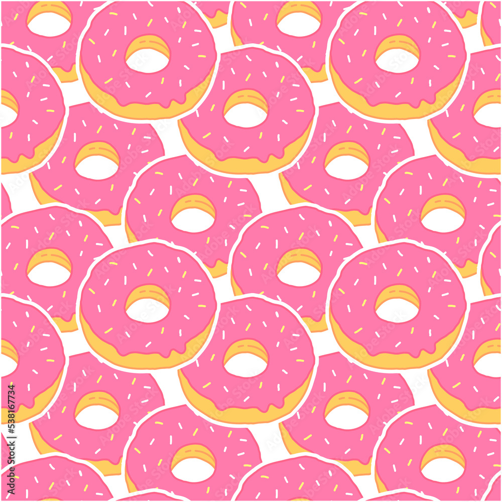 Seamless pattern with pink donuts in cartoon style. food illustration background. Seamless pattern with pink donuts in cartoon style. food illustration background.