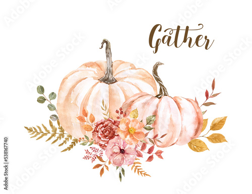 Fall floral arrangement made of two pastel pumpkins, flowers, and foliage. An autumn natural bouquet, isolated on white background. Botanical illustration.