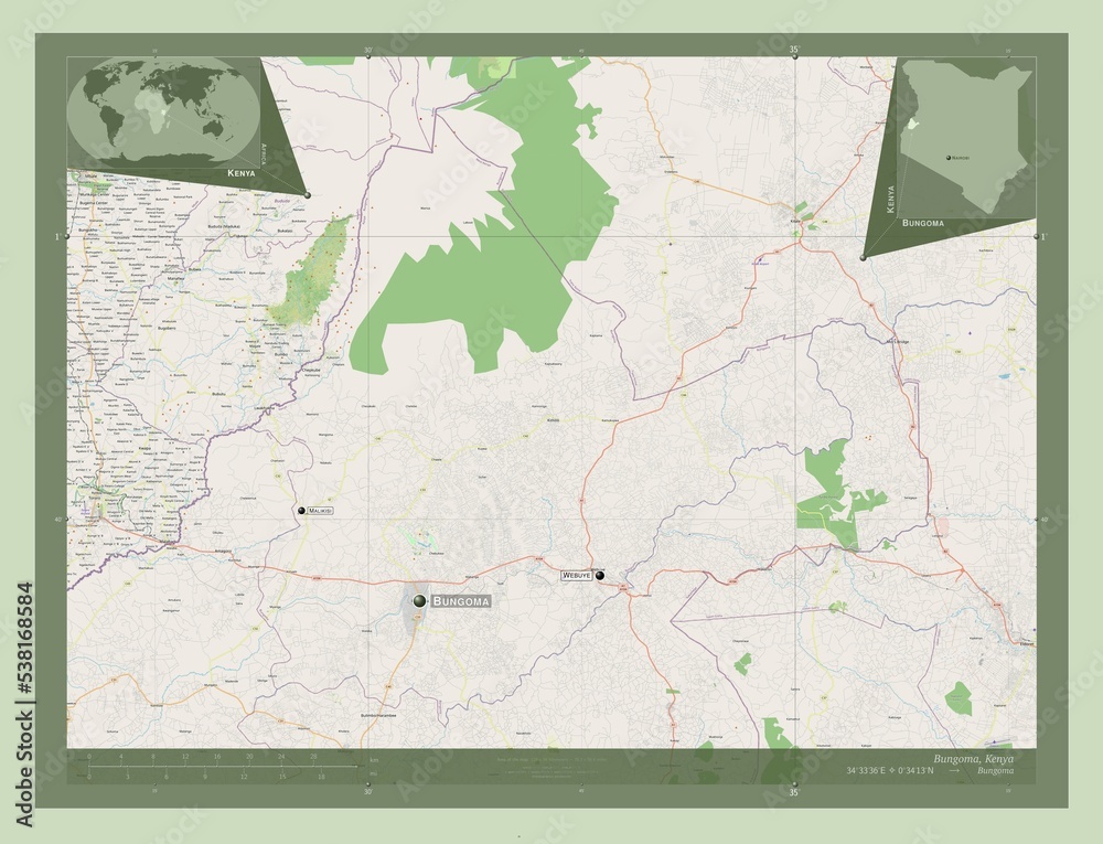 Fototapeta premium Bungoma, Kenya. OSM. Labelled points of cities