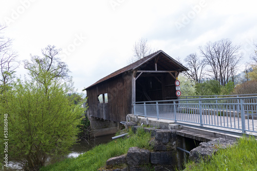 Covered bridge over the Kocher river in Germany