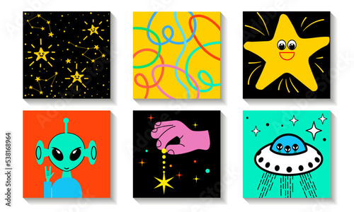 Banner collection of Different colored cartoon comic book characters and abstract shapes and lines