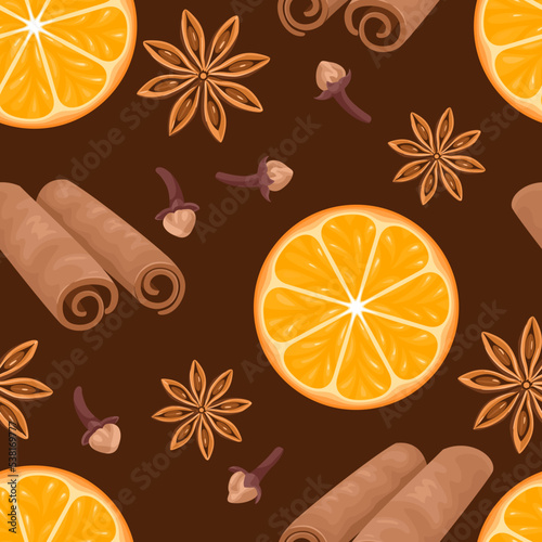 Christmas background with mulled wine spices on a dark background. Seamless pattern with orange slices, cinnamon sticks, cloves and anise stars. Vector cartoon illustration.