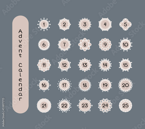Christmas advent calendar. Winter holidays cards with snowflakes. Set of colorful numbers from 1 to 25 for advent calendar. Vector isolated elements for design. Vintage