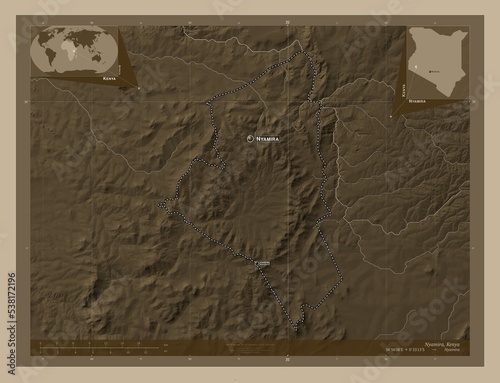 Nyamira, Kenya. Sepia. Labelled points of cities