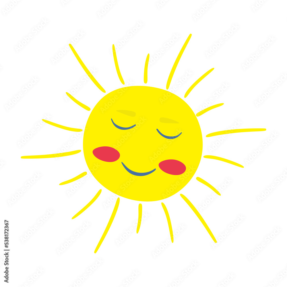 Sun with face drawn in doodle style. Beautifull sun cartoon style. Flat vector illustration
