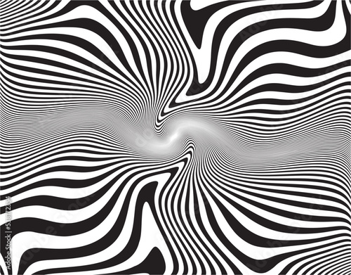 Line art optical art. Psychedelic background. Monochrome background. Optical illusion style. Black dark background. . Graphic ornament. Vector template