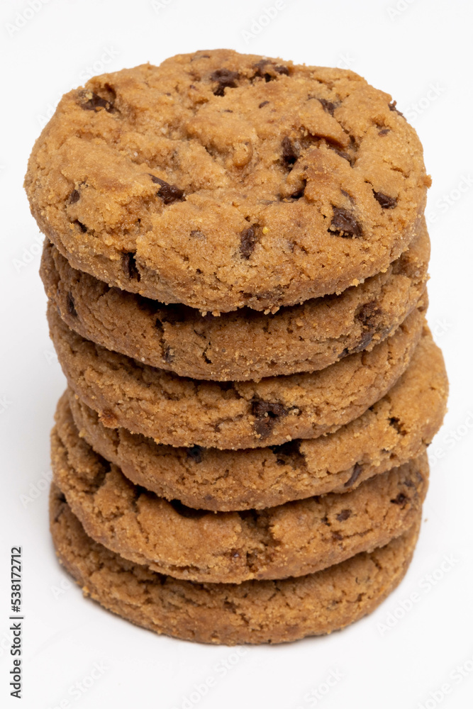 Chocolate chip cookies isolated on white background, Homemad cookies close up. Chocolate chip cookies isolated on white background, Homemad cookies close up.