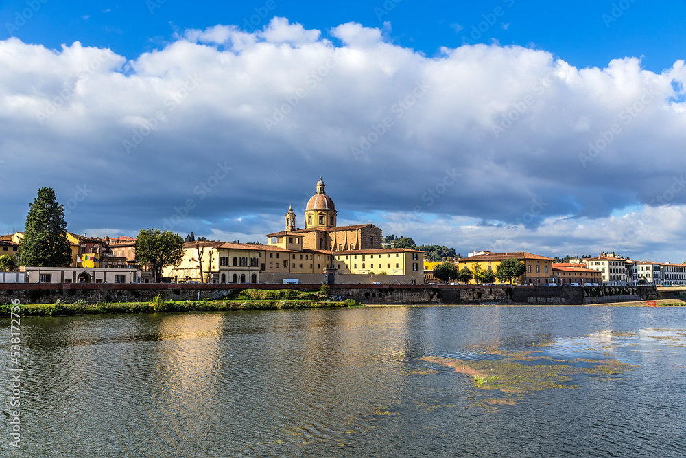 Florence, Italy. Picturesque view of the Arno River and the Church of San Frediano al Cestello, 1680-1689