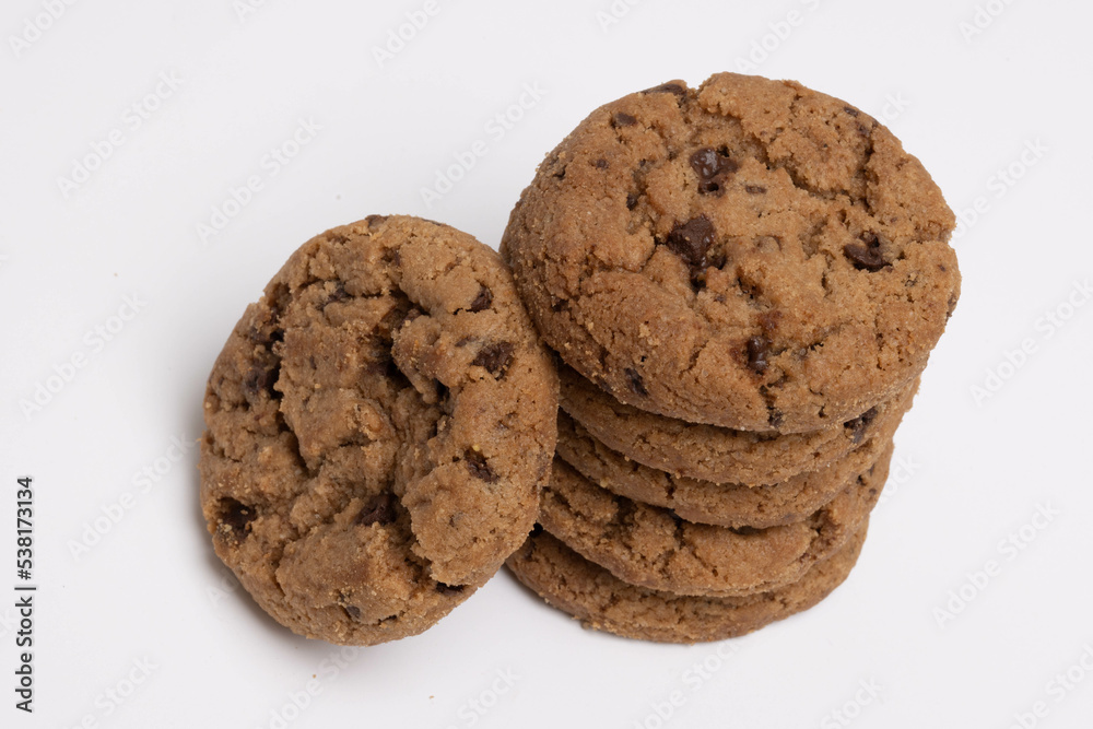 Chocolate chip cookies isolated on white background, Homemad cookies close up. Chocolate chip cookies isolated on white background, Homemad cookies close up.