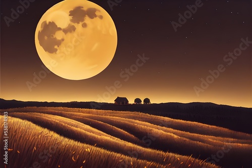 A full harvest moon shines over the fields.