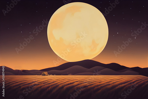 A full harvest moon shines over the fields.