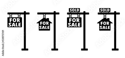 For sale signboard. Cartoon board icon or logo. Agent to advertise a house listing. Cartoon house for sell logo. Sales or sold. Communication, marketing, for advertising with an agent broker