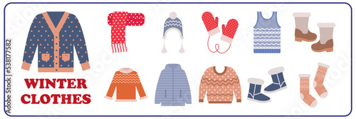 set of winter season clothes - vector illustration scarf, hat, jacket or sweater