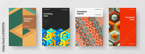 Abstract mosaic hexagons leaflet concept set. Simple corporate identity A4 design vector illustration composition.