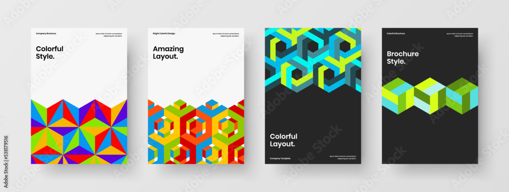 Premium mosaic shapes magazine cover concept bundle. Multicolored company identity A4 design vector illustration composition.