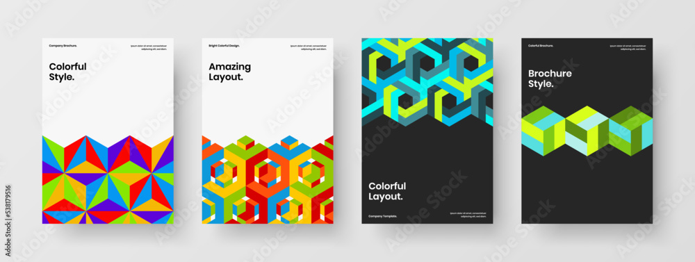 Obraz premium Premium mosaic shapes magazine cover concept bundle. Multicolored company identity A4 design vector illustration composition.