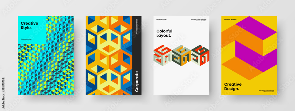 Abstract geometric shapes annual report illustration collection. Original company identity A4 vector design template set.