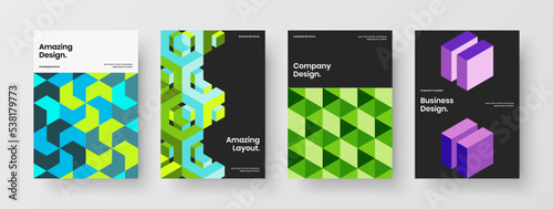 Modern book cover A4 vector design template set. Unique geometric shapes handbill layout bundle.
