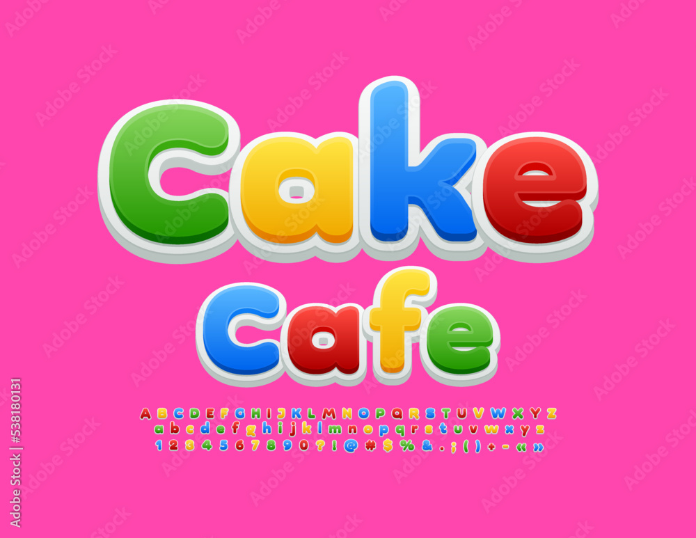 Vector colorful poster Cake Cafe. Bright artistic Font. Kids Alphabet Letters and Numbers set