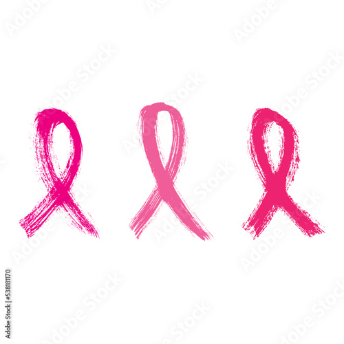 Set of pink ribbons cancer control symbol. Brush strokes.