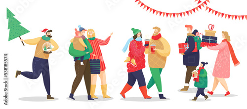 Set of isolated characters wearing winter clothes. Bearded man carrying pine tree and snow globe as resent. Family consisting of mother, father and kid. People holding presents on xmas vector