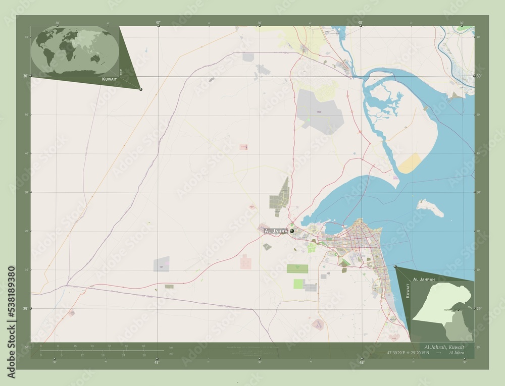 Fototapeta premium Al Jahrah, Kuwait. OSM. Labelled points of cities