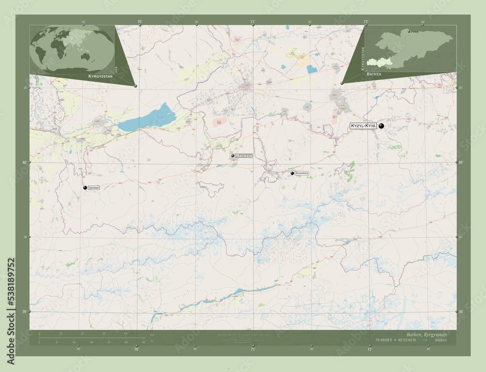Fototapeta premium Batken, Kyrgyzstan. OSM. Labelled points of cities