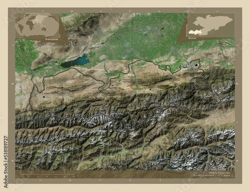 Batken, Kyrgyzstan. High-res satellite. Labelled points of cities photo