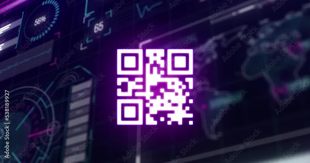 Animation of gr code over data processing on digital screen Animation of gr code over data processing on digital screen